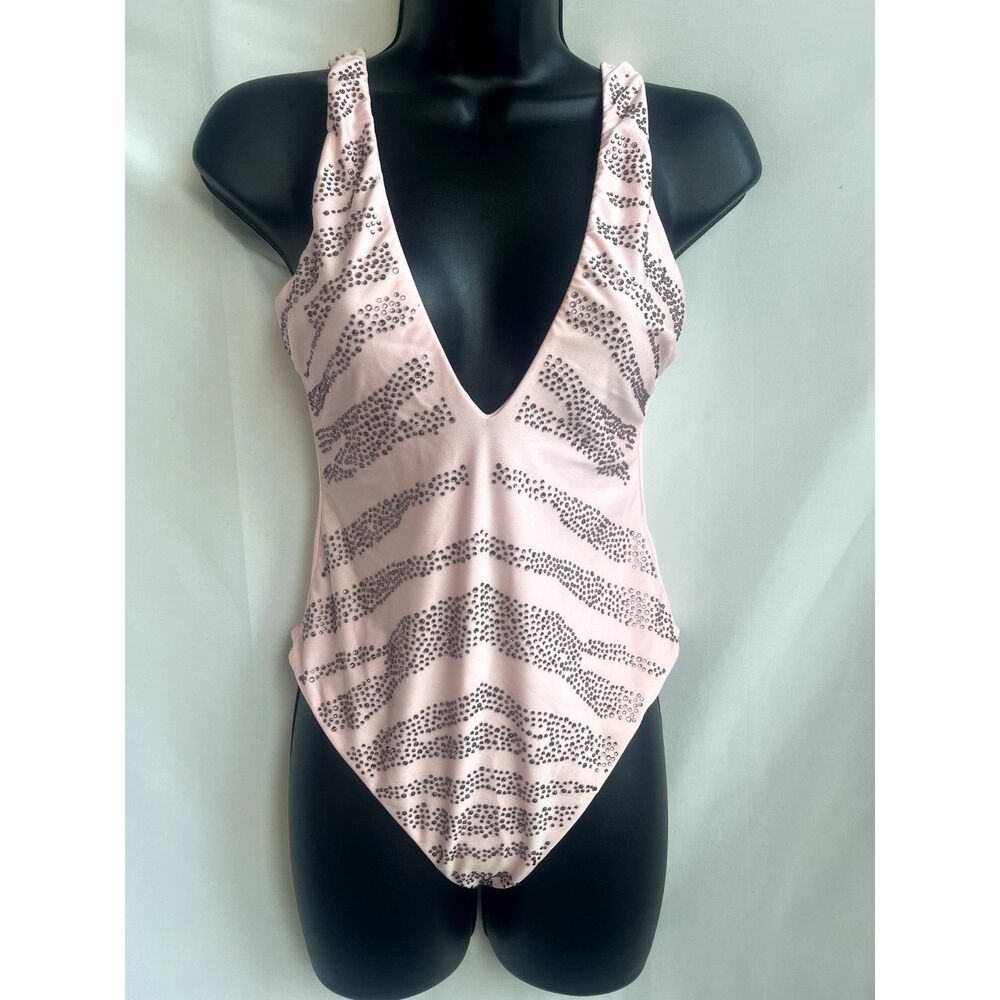 Asos Studded Barbiecore Pink One Piece Swimsuit Size 6 V Neck Plunge Open Back